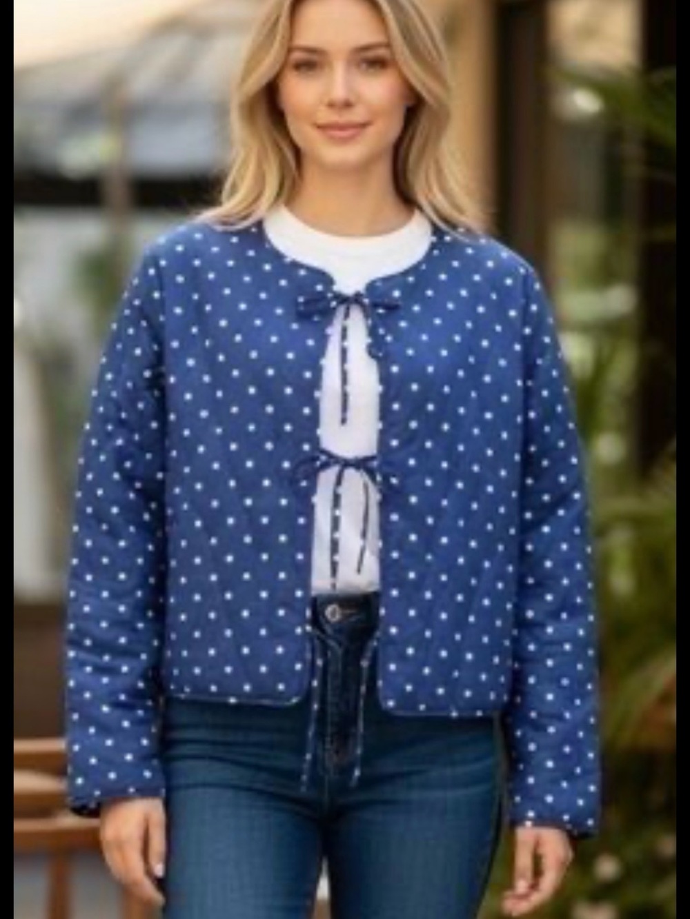 Avec Les Filles Quilted Cropped Jacket Navy Polka Dot Tie Front L